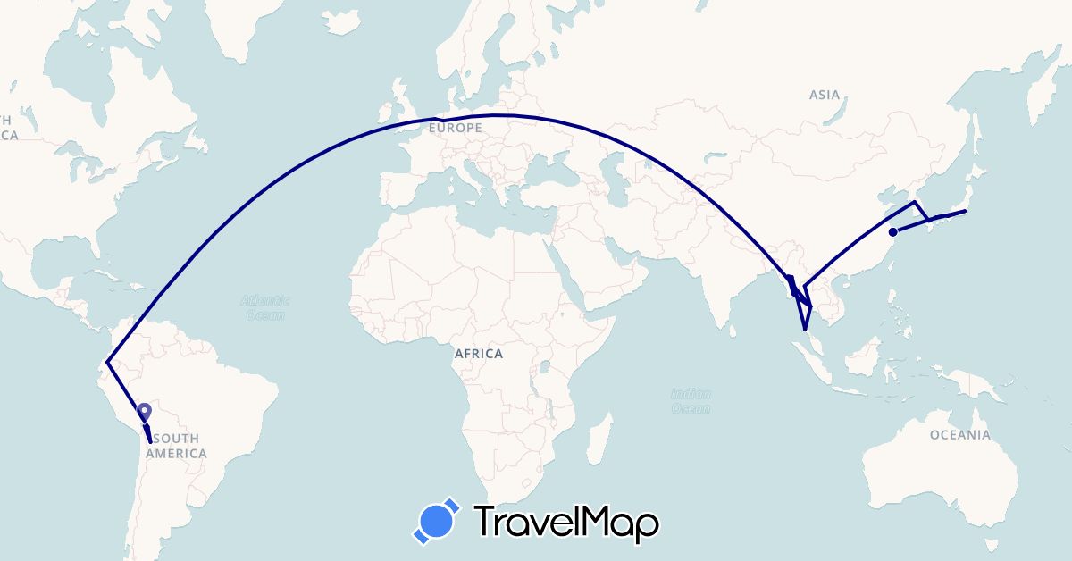 TravelMap itinerary: driving in Bolivia, China, Germany, Ecuador, Japan, South Korea, Myanmar (Burma), Netherlands, Thailand (Asia, Europe, South America)